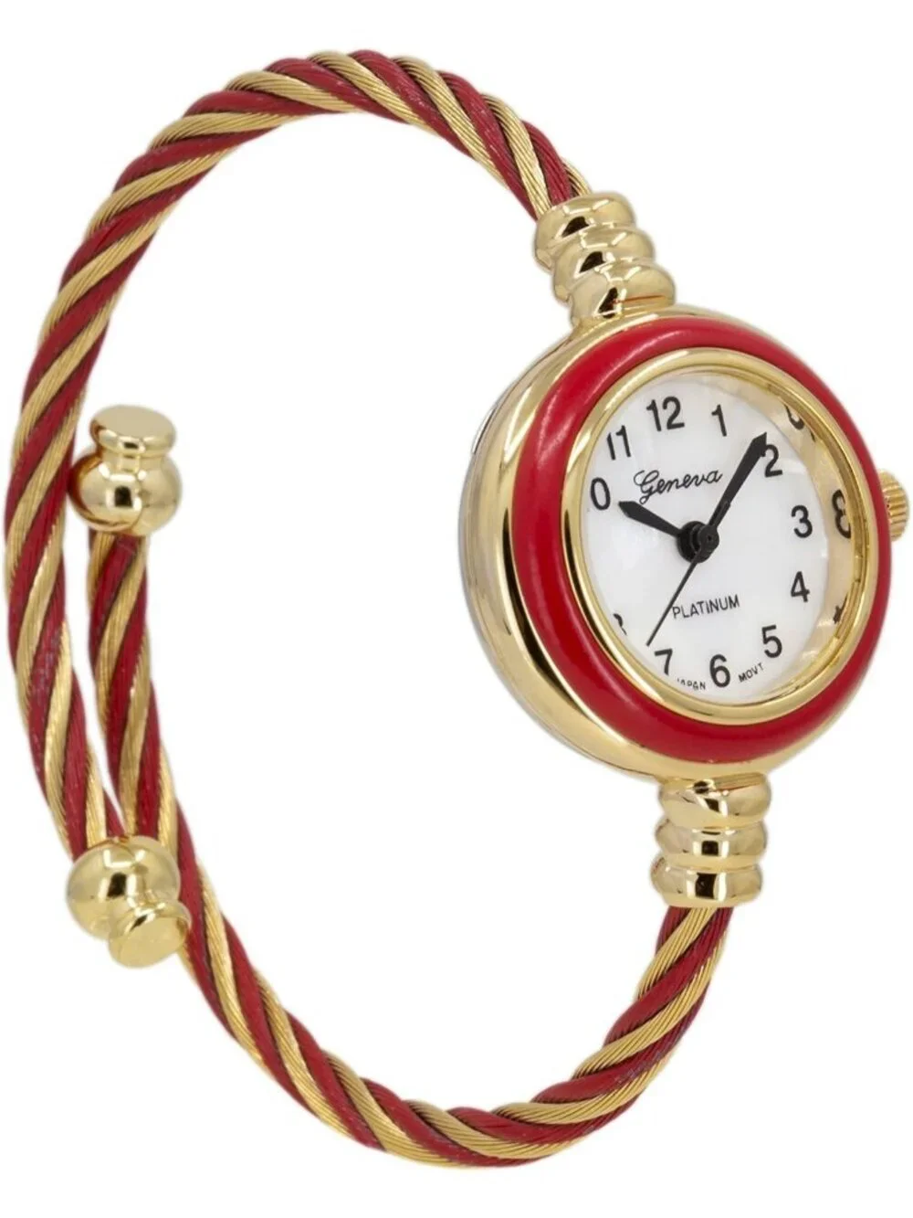 Women's Gold Red Analog Quartz Elegant Cable Cuff Arabic Numbers Bracelet Watch